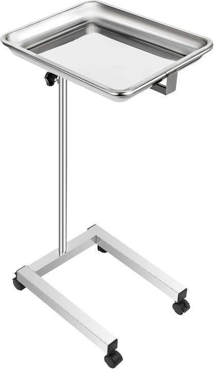 VEVOR Mayo Stand 18 x 14 inch Medical Tray, Height Adjustable 32-51 inch, Stainless Steel Lab Cart with Removable Tray & 4 Swivel Wheels, Metal Instrument Procedure Tray for Home Equipment, Dental