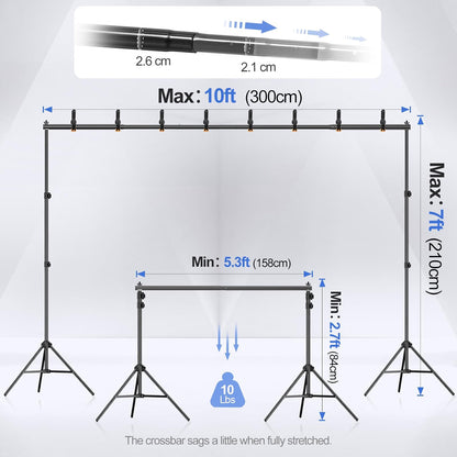 EMART 10x7FT Adjustable Backdrop Stand, Retractable Crossbar Photography Background Stand with Tripod Base, Carry Bag & Clips for Party, Studio, Wedding & Photoshoot