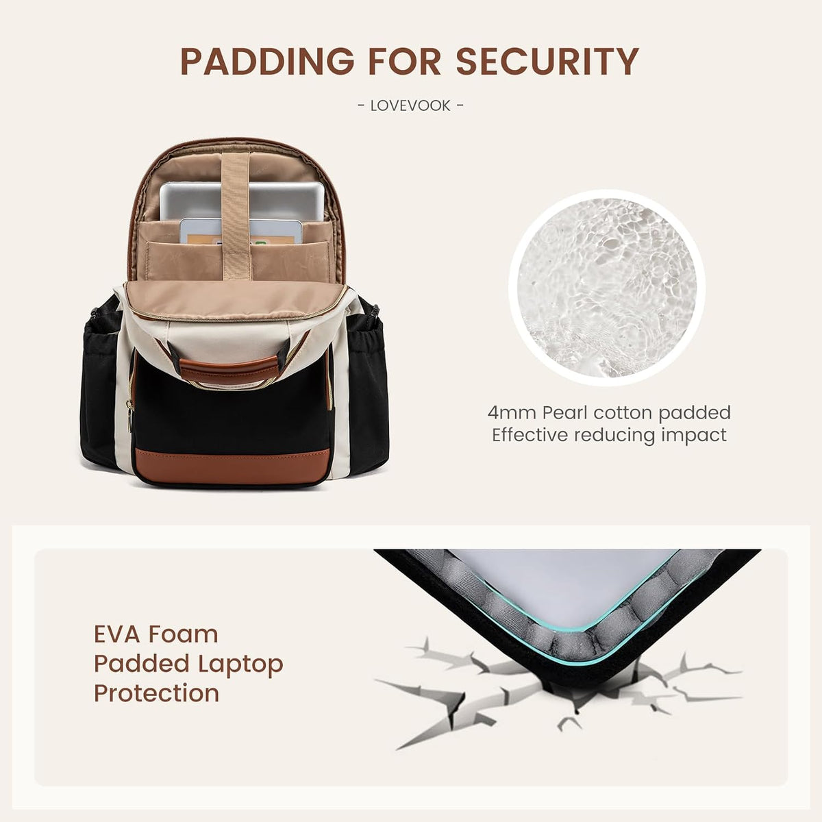 LOVEVOOK Laptop Backpack for Women, 15.6-Inch Laptop Travel Backpack with Large Capacity Cup Pocket, Waterproof Work Business College Backpack, Beige-Black-Chestnut Brown
