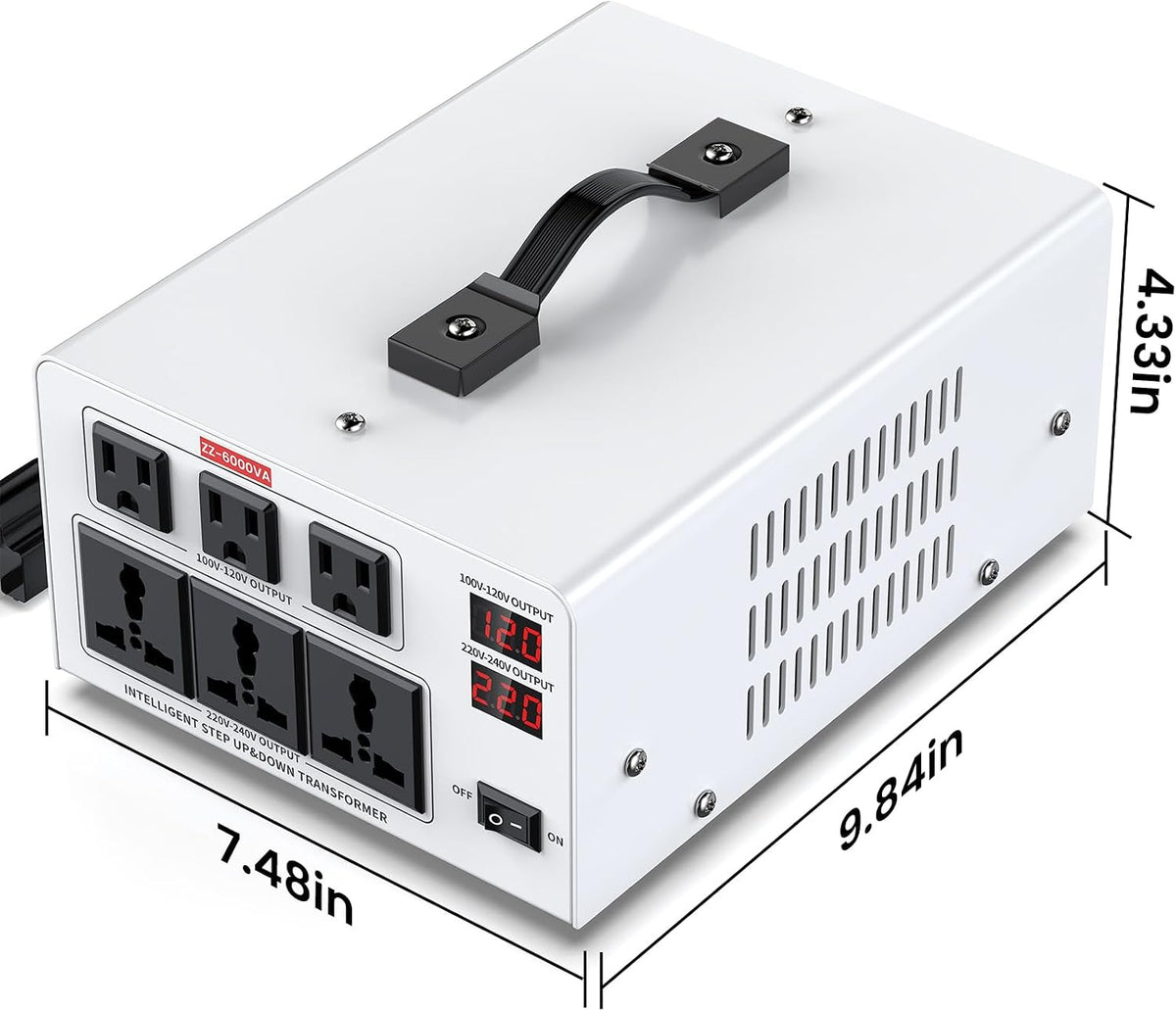 6000VA Step Up/Down Voltage Transformer Converter 110/120V to 220/240V Auto Input Recognition,3 US & 3 Universal Outlets, LCD Display,for Home Appliances,International Travel, Workshop, Power Tool