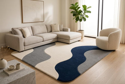 Hand Tufted Wool Area Rug 5x8 Ft Rectangular, Modern Abstract Wave Design Carpet, Navy Blue Grey & Ivory Contemporary Handmade Floor Rug for Living Room & Office