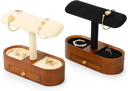 Oirlv Solid Wood Watch Stand with Drawer, T-Bar Watch Holder & Jewelry Organizer for Men and Women, Bracelet, Bangle, Ring & Earring Display, Creamy White