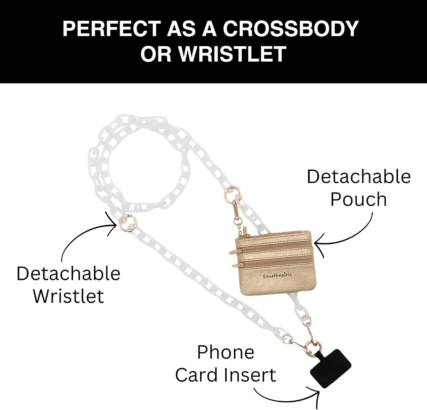 Save the Girls Clip & Go Phone Chain Crossbody with Wallet for Women, White Crossbody Cell Phone Chain Strap with Zippered Wallet Pouch. Adjustable, Anti-Theft Hands-Free Phone Holder for Women.