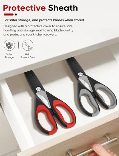 iBayam Kitchen Scissors Shears All Purpose Heavy Duty, Protective Sheath, 2-Pack, Ultra-Sharp Stainless Steel Blades, Soft Comfort-Grip, Dishwasher Safe, Cutting Food, Cooking, Meat & Poultry