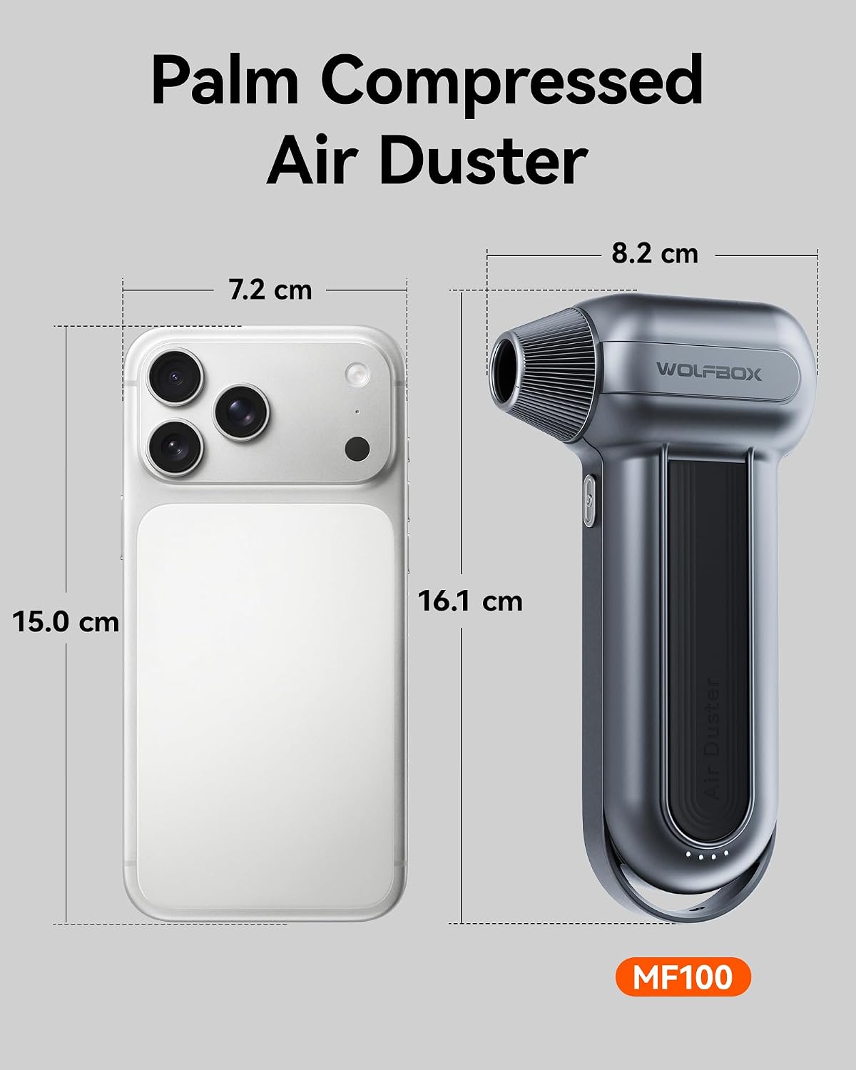 WOLFBOX MF100 Compressed Air Duster, 150000RPM Turbo Fan, 45 m/s Airflow 3-Gear Adjustable Speed, Type-C Fast Charging, Lightweight 0.66 lb, 5 Nozzles & 2 Brushes, For Computer Keyboard Car Outdoor