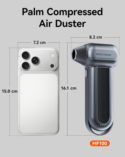 WOLFBOX MF100 Compressed Air Duster, 150000RPM Turbo Fan, 45 m/s Airflow 3-Gear Adjustable Speed, Type-C Fast Charging, Lightweight 0.66 lb, 5 Nozzles & 2 Brushes, For Computer Keyboard Car Outdoor