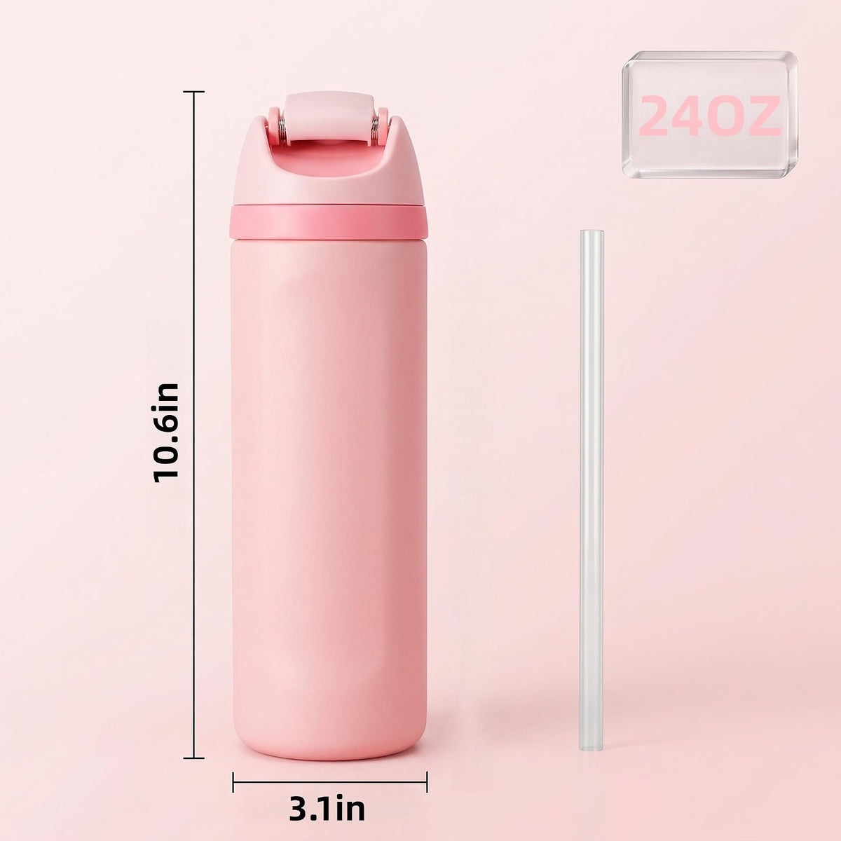 HyperionFlo Essentials 24oz Insulated Stainless Steel Water Bottle with Straw, Double-Wall Vacuum Travel Bottle, Leakproof Spillproof, Pink