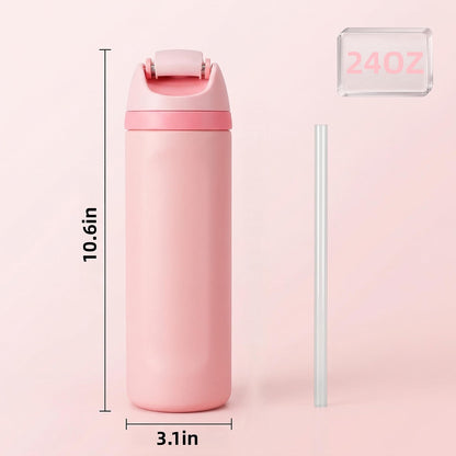 HyperionFlo Essentials 24oz Insulated Stainless Steel Water Bottle with Straw, Double-Wall Vacuum Travel Bottle, Leakproof Spillproof, Pink