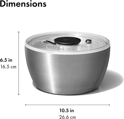 OXO Good Grips Stainless Steel Salad Spinner, Vegetable Washer - 6.22 Qt Spin Dry Produce, Serving and Storage, Non-Slip, One-Handed Pump, Brake Button, Dishwasher Safe, Large-Capacity Bowl