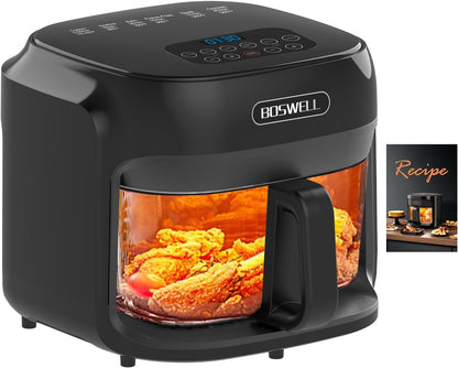 BOSWELL 7.5 QT Large Glass Air Fryer, 6-1 Preset Cook Modes | Transparent Fry Bowl, Black, Circulating Heating & Temperature Control, Steak, Fries, Bake...