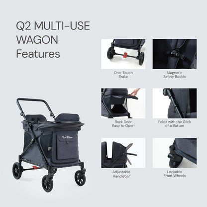 Familidoo Q2 Multi-Use 2 Seat Kids Wagon Stroller, Foldable Lightweight All-Terrain Stroller Wagon for Kids & Pets, Magnetic Safety Harness, Rain Cover, Charcoal Gray