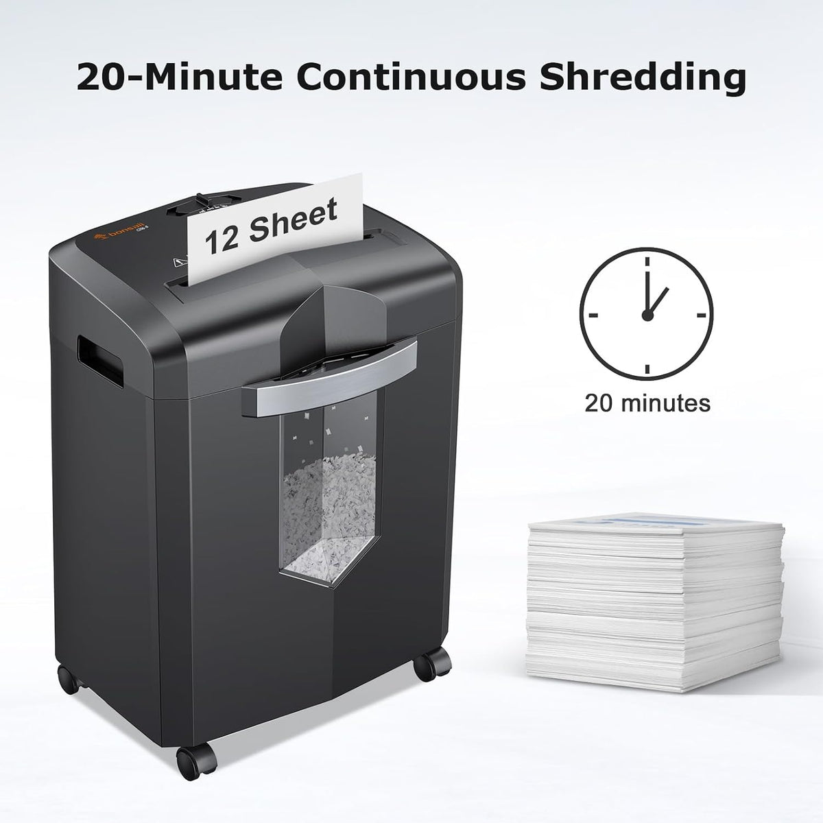 bonsaii 12-Sheet Micro Cut Paper Shredder | P-4 High Security, Jam-Proof Heavy Duty Shredder with 4.2-Gallon Pullout Bin & Casters for Home Office