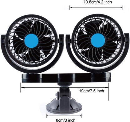 PME 12V Dual-Head Powerful Auto Fan | 2-Speed Car Fan with 360° Adjustable Heads, Suction Cup Mount & Cigarette Lighter Connector