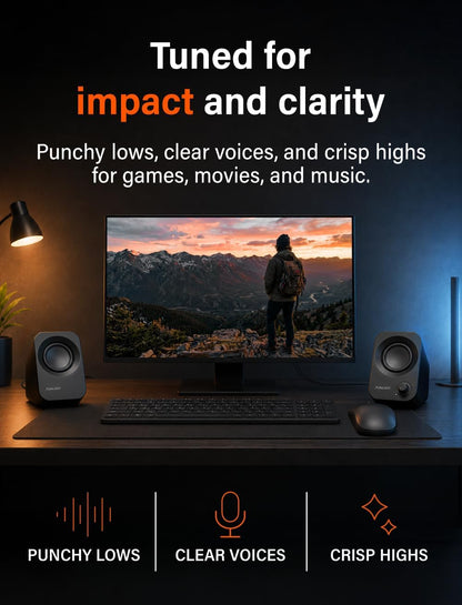 FUNLOGY Speaker Plus - 14W Stereo PC Speakers, Dual Amplifiers & DSP Tuned, USB-C Powered, 3.5mm AUX, Compact Desktop Speakers with 30° Tilt, for PC, Laptop, Monitor & Gaming,Black