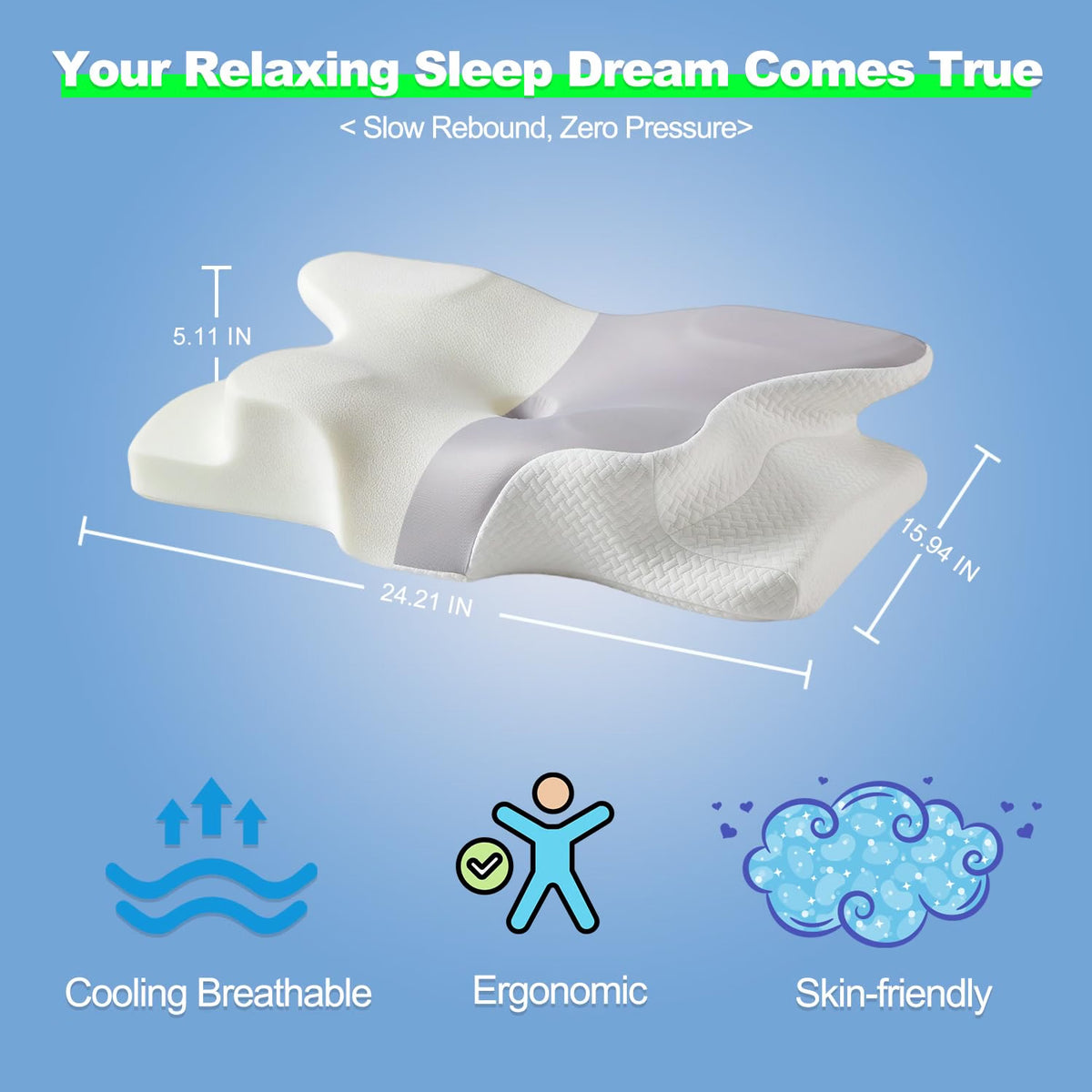 HyperionFlo Essentials Ergonomic Cervical Memory Foam Pillow, Contoured Neck & Shoulder Support Pillow for Side, Back & Stomach Sleepers, Cooling Breathable Cover