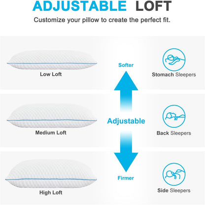 Cooling Shredded Memory Foam Bed Pillows, Queen Size, Set of 4, 20 x 30 in Adjustable Firm, Supportive, Breathable, Hypoallergenic, Odorless, Luxury, Cool Gel pillows for Side Back Stomach Sleepers