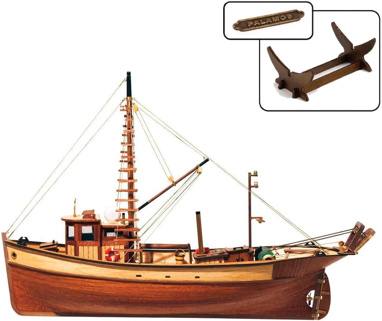 OcCre Palamos Mediterranean Fishing Boat Model Kit, 1:45 Scale Wooden Ship Model, Beginner Level, Model Only – No Paint, Display Stand Included