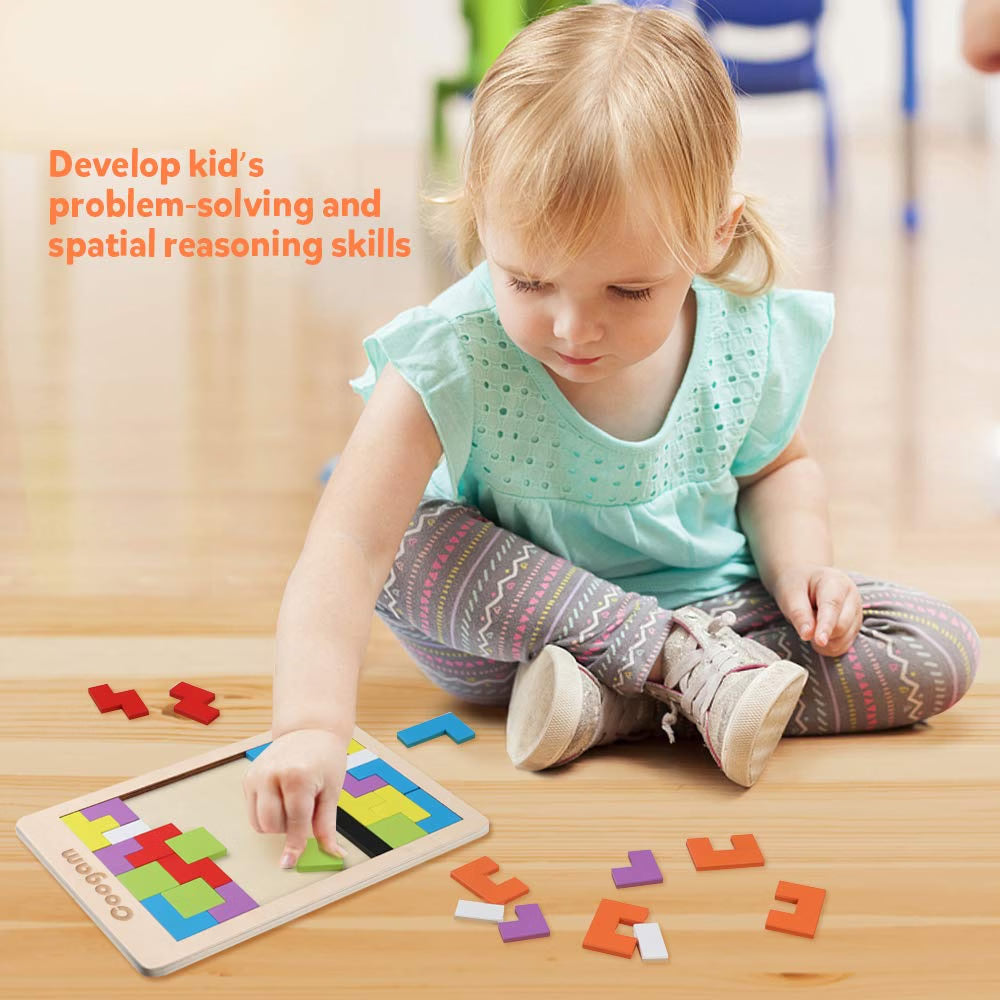 Coogam Wooden Blocks Puzzle, 40-Piece 3D Russian Blocks Tangram Jigsaw Brain Teaser Game, Colorful Wooden STEM Montessori Educational Puzzle for Kids & Adults