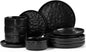E-far Black Plates and Bowls Sets, 12-Piece Stoneware Dinnerware Set for 4 Modern Ripple Design Dishes Set for Kitchen Dining, Chip & Scratch Resistant, Microwave & Dishwasher Safe, Matte Black