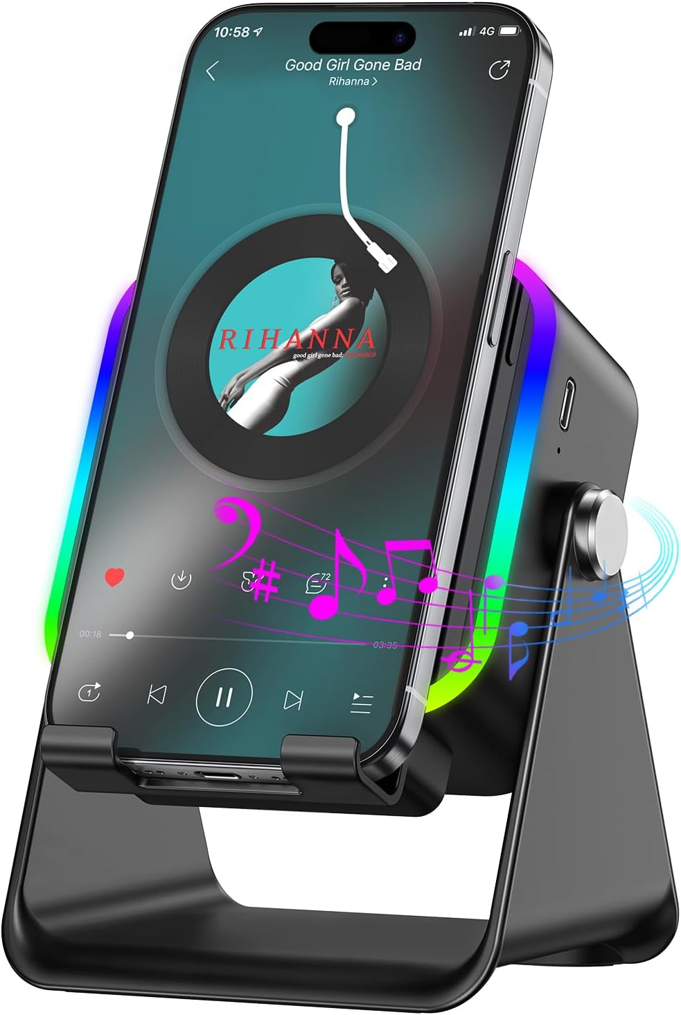 MILOUZ Wireless Induction Bluetooth Speaker with Phone Stand – 5-in-1 RGB Speaker for iPhone/Android/iPad (Black)