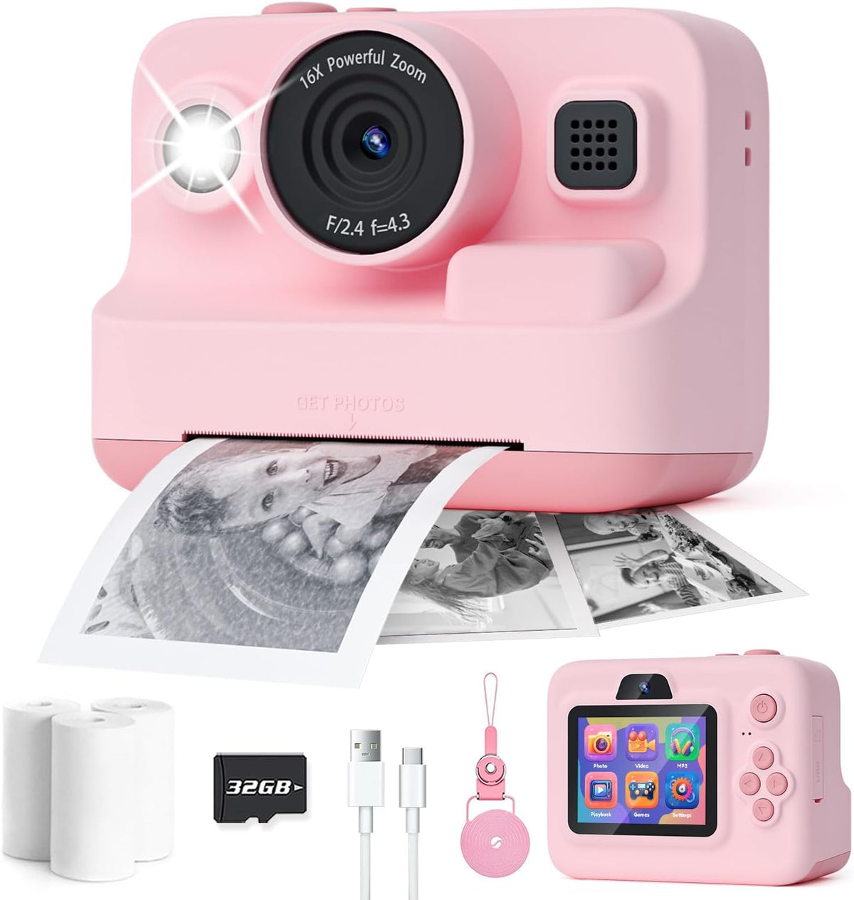 Dylanto Kids Instant Print Camera BLL2, 1080P Digital Camera with Thermal Printer, 2.4" Screen, 16X Digital Zoom, 32GB Memory Card, 3 Paper Rolls, Pink