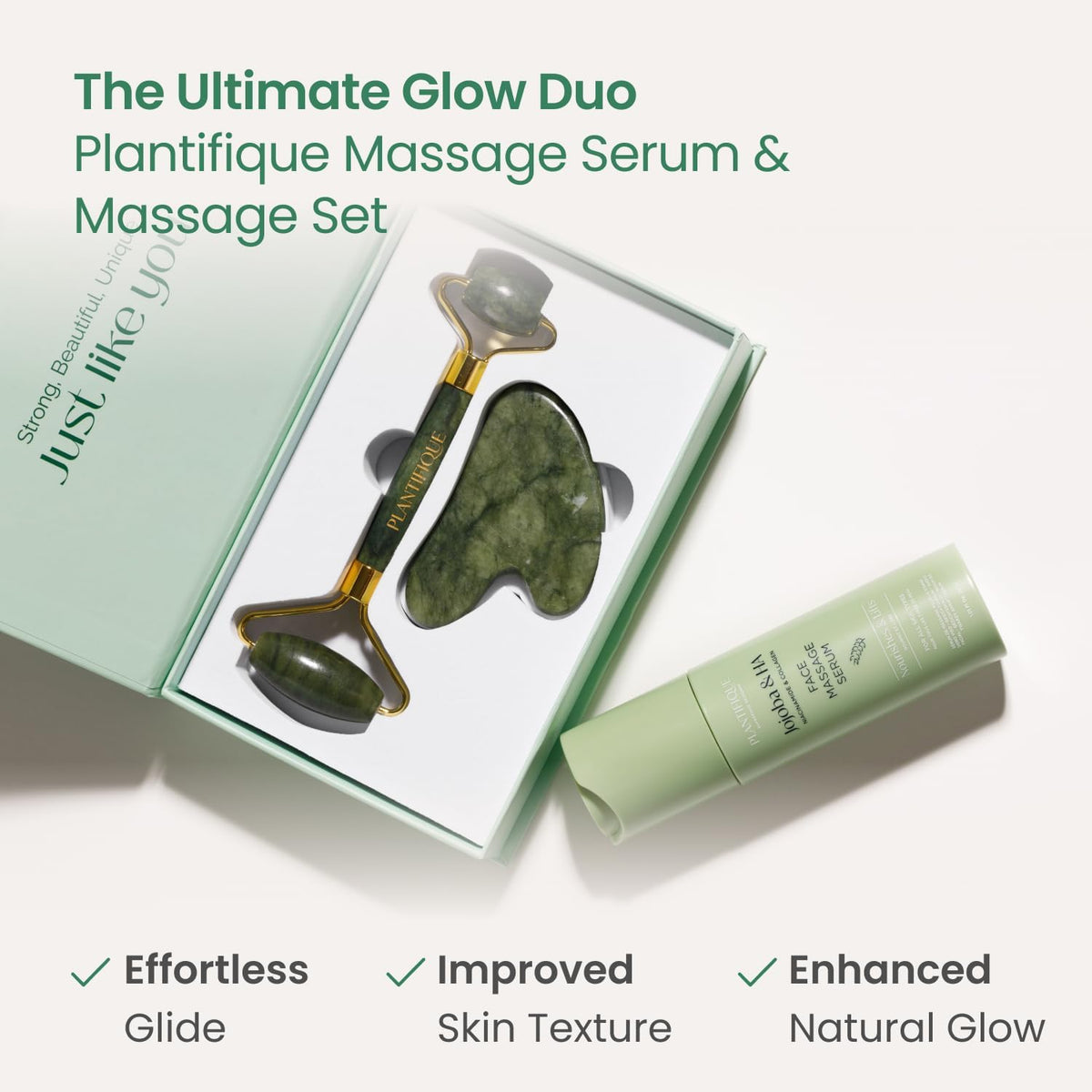 PLANTIFIQUE Jade Gua Sha Facial Tool & Face Roller Set, Authentic Jade Facial Massage Tools with Giftable Box