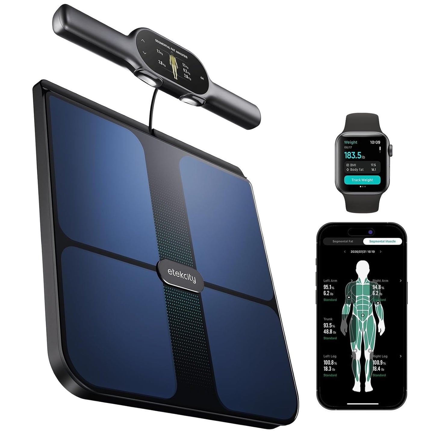 Etekcity WiFi 8-Electrode Smart Scale for Body Weight and Fat Body Composition Scale with Color Handle Display, 50+ Metrics, 5-Segment Analysis, WiFi Auto Sync and USB-C Charging
