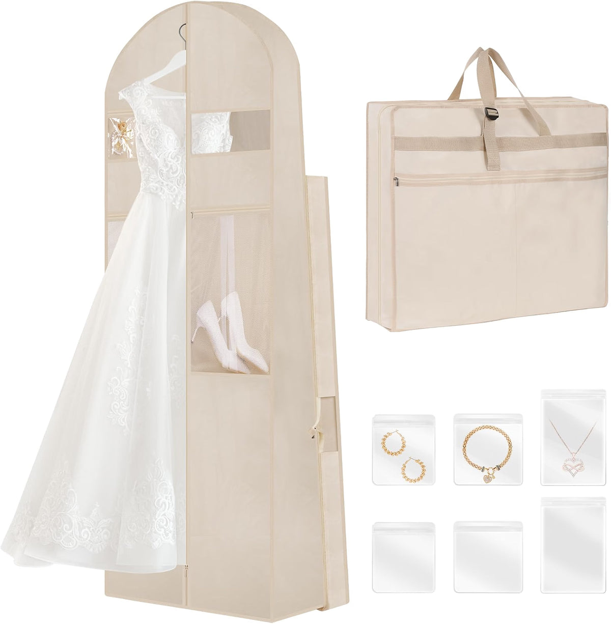 TANGKA Wedding Dress Garment Bag, 72-Inch Tri-Fold Bridal Gown Bag with 6 Pockets & 6 Accessory Pouches, Adjustable Buckle, Zippered Dress Storage Cover for Wedding, Prom & Travel, Beige