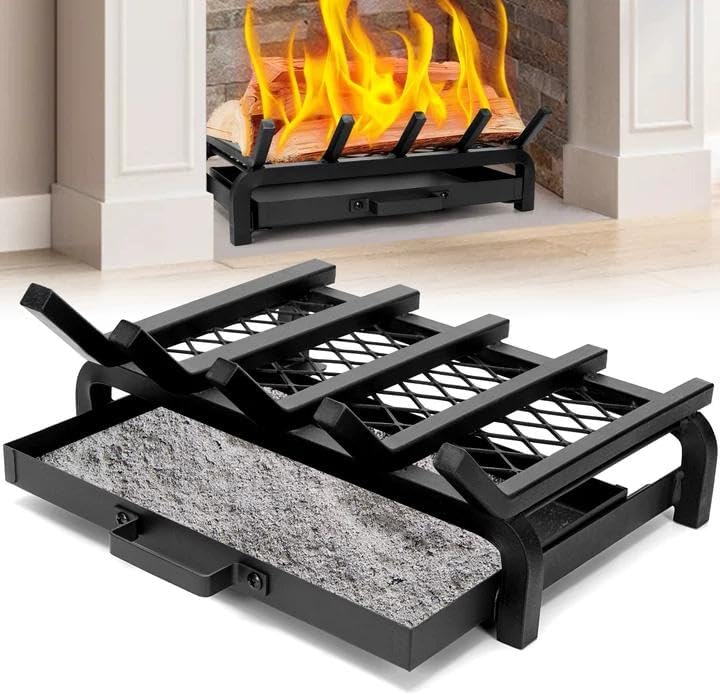 17 Inch Fireplace Grate with Ember & Ash Trays Pan Wood Stove Log Grates Set, Heavy Duty, Rack Holder Pit, Indoor Outdoor, Chimney Hearth