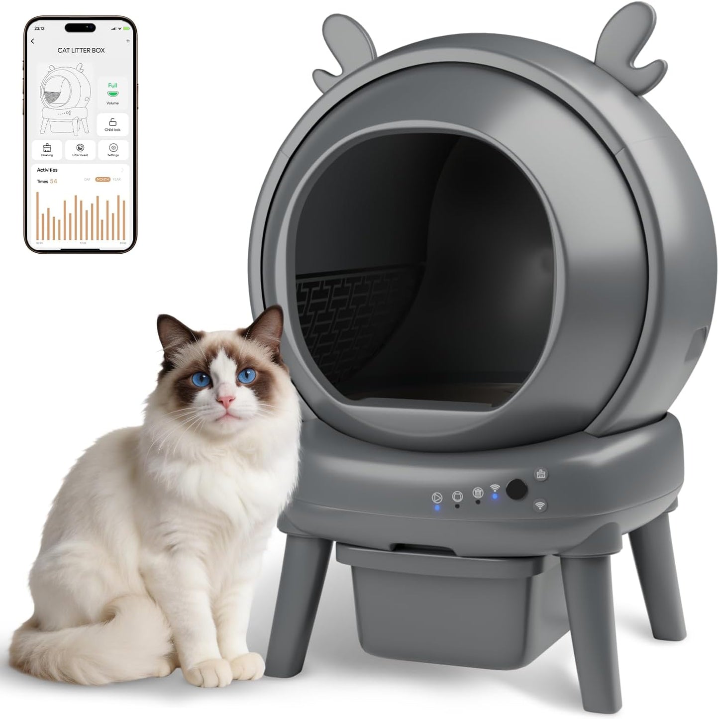 Automatic Cat Litter Box with App Control - Automatic Litter Box Self Cleaning for Multiple Cats, Health Tracking & Weight Sensor, Ultra Quiet, Odor Control, Large Capacity, Dark Grey