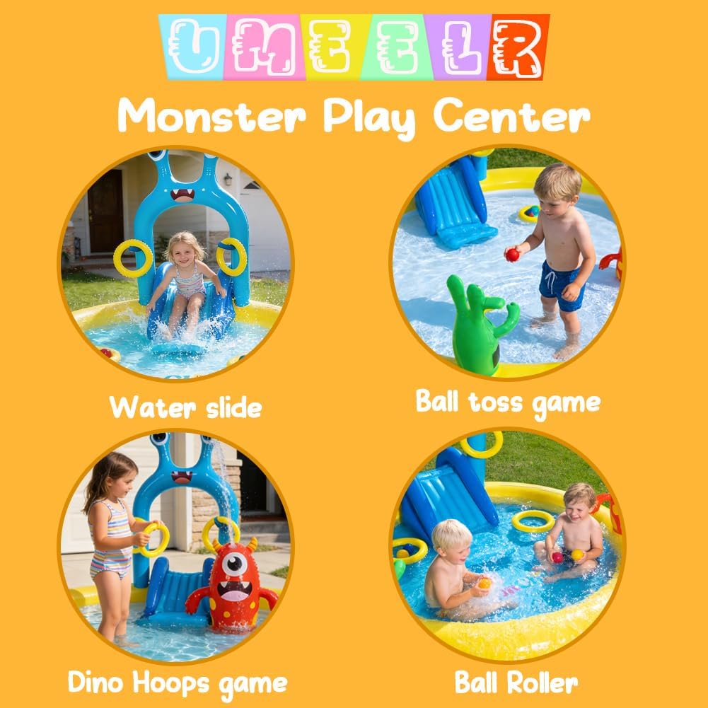 Inflatable Splash Pad for Kids with Monster Sprinkler, Water Slide, Toss Rings & Balls, Outdoor Backyard Water Play Center for Toddlers Ages 2-6