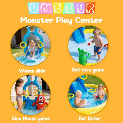 Inflatable Splash Pad for Kids with Monster Sprinkler, Water Slide, Toss Rings & Balls, Outdoor Backyard Water Play Center for Toddlers Ages 2-6