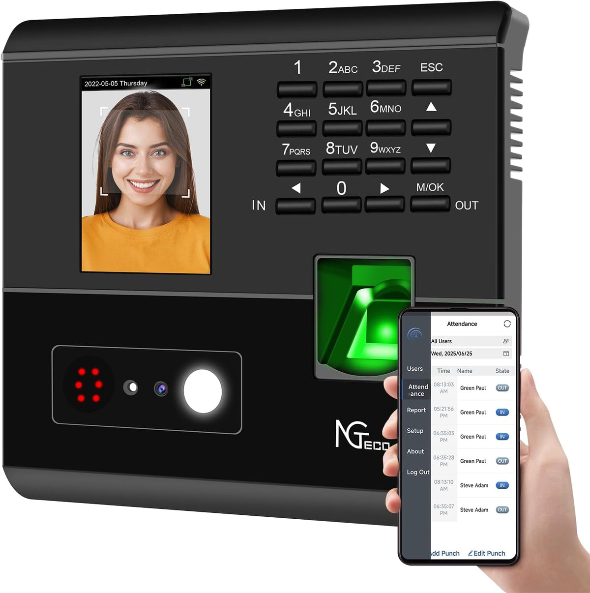 NGTeco GK-MB-1-MG 4-in-1 Employee Time Clock | Face, Fingerprint, RFID & PIN Attendance System with WiFi App