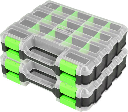 HyperionFlo Essentials Double-Sided 34-Compartment Organizer Box, 2-Pack, Transparent Lid with Removable Dividers, Green