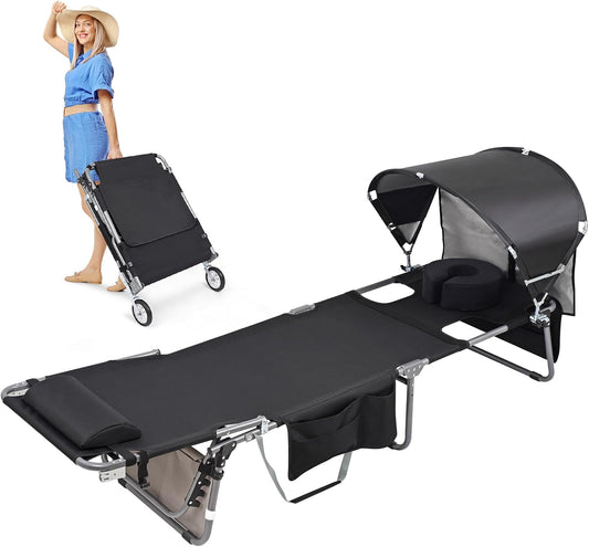 Wheel-To-Go Oversized Tanning Chair with Face Hole & Wheels | Portable Heavy Duty Folding Lounge Chair | Outside Sunbathing Reading Relaxing Beach Poolside Lawn | XL Wide | 330 LBS (Patent Design)