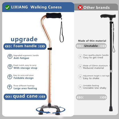 LIXIANG Walking Canes Stablize Women Quad Canes for Seniors & Adults Foldable Adjustable for Men & Women Heavy Duty Freestanding Cane for People with Leg Injuries 3 footings