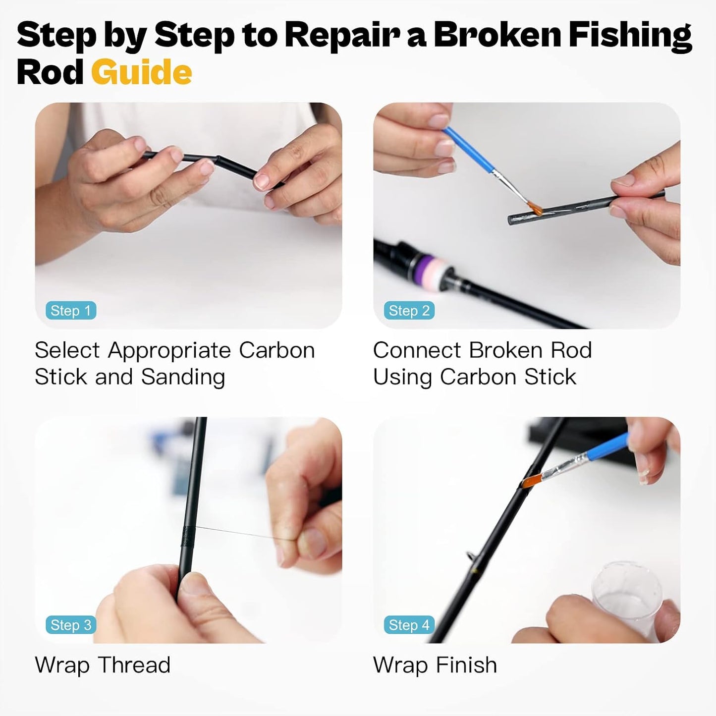Fishing Rod Repair Complete Kit, Pole & Tip Replacement Kit with Carbon Fiber Rod Pieces, Glue and Repair Supplies for Spinning & Casting Rods