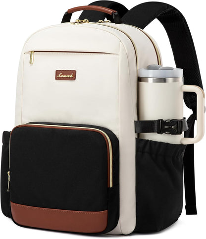 LOVEVOOK Laptop Backpack for Women, 15.6-Inch Laptop Travel Backpack with Large Capacity Cup Pocket, Waterproof Work Business College Backpack, Beige-Black-Chestnut Brown