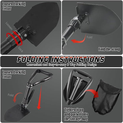 PLACHIDAY Folding Camping Shovel, 18.5-Inch Lightweight High Carbon Steel Portable Shovel with Serrated Edge, Compact 3-Way Folding Design for Camping, Hiking, Gardening & Emergency Use