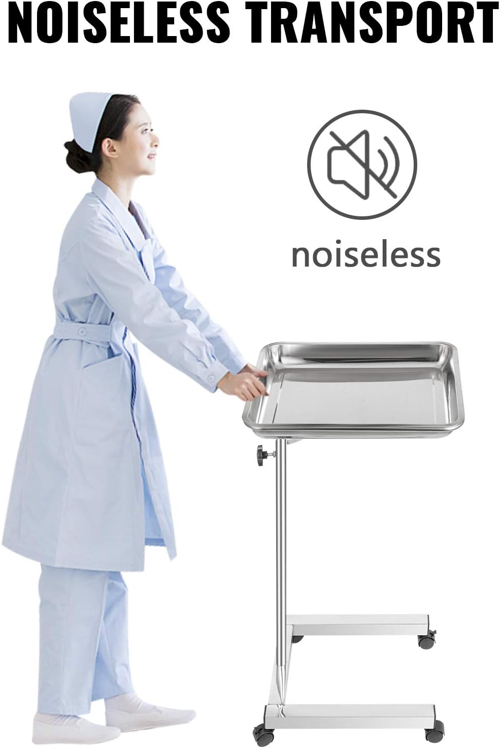 VEVOR Mayo Stand 18 x 14 inch Medical Tray, Height Adjustable 32-51 inch, Stainless Steel Lab Cart with Removable Tray & 4 Swivel Wheels, Metal Instrument Procedure Tray for Home Equipment, Dental