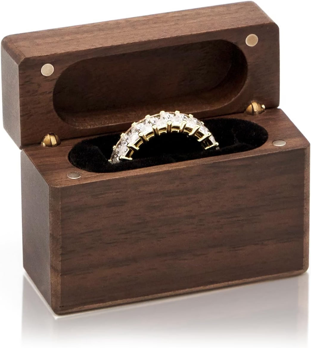 MUUJEE Slim Secret Wood Ring Box, Engraved Walnut Ring Holder for Engagement Proposal, Wedding Ceremony & Ring Bearer Gift, Rustic Brown