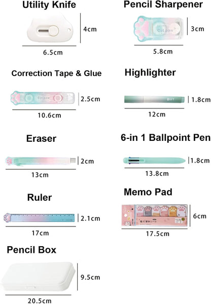 MOZXIRZ 9-Piece Cute Green Stationery Set, Cat Paw Kawaii School Supplies Kit with Pens, Highlighter, Ruler, Eraser, Correction Tape, Sharpener and Memo Pads