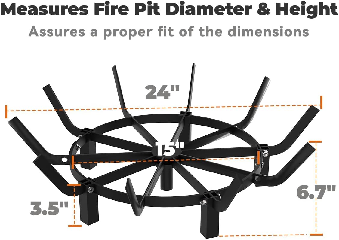 Mondazie Round Fire Pit Grill Grate 24 Inch, Fireplace Grate with 10 Bars Firewood Rack Outdoor for Firepit, Fireplace Log Burning Holder for Outside Hearth Wood Stove and Campfire, Black