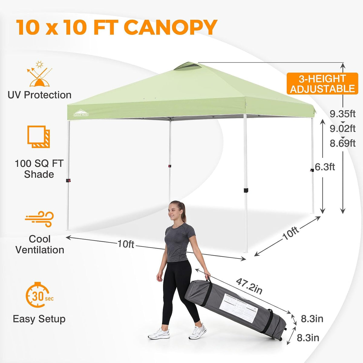 EAGLE PEAK 10x10 Pop Up Canopy Tent, Easy Setup Outdoor Canopy with Vented 150D Silver-Coated Top, Steel Frame, UPF 50+ Sun Protection & Weight Bags, Smoke Green