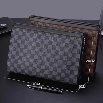 HyperionFlo Essentials Men's Vintage Plaid Leather Clutch Bag, Business Casual Handheld Purse, Zipper Wrist Wallet, Gentleman Travel Hand Bag