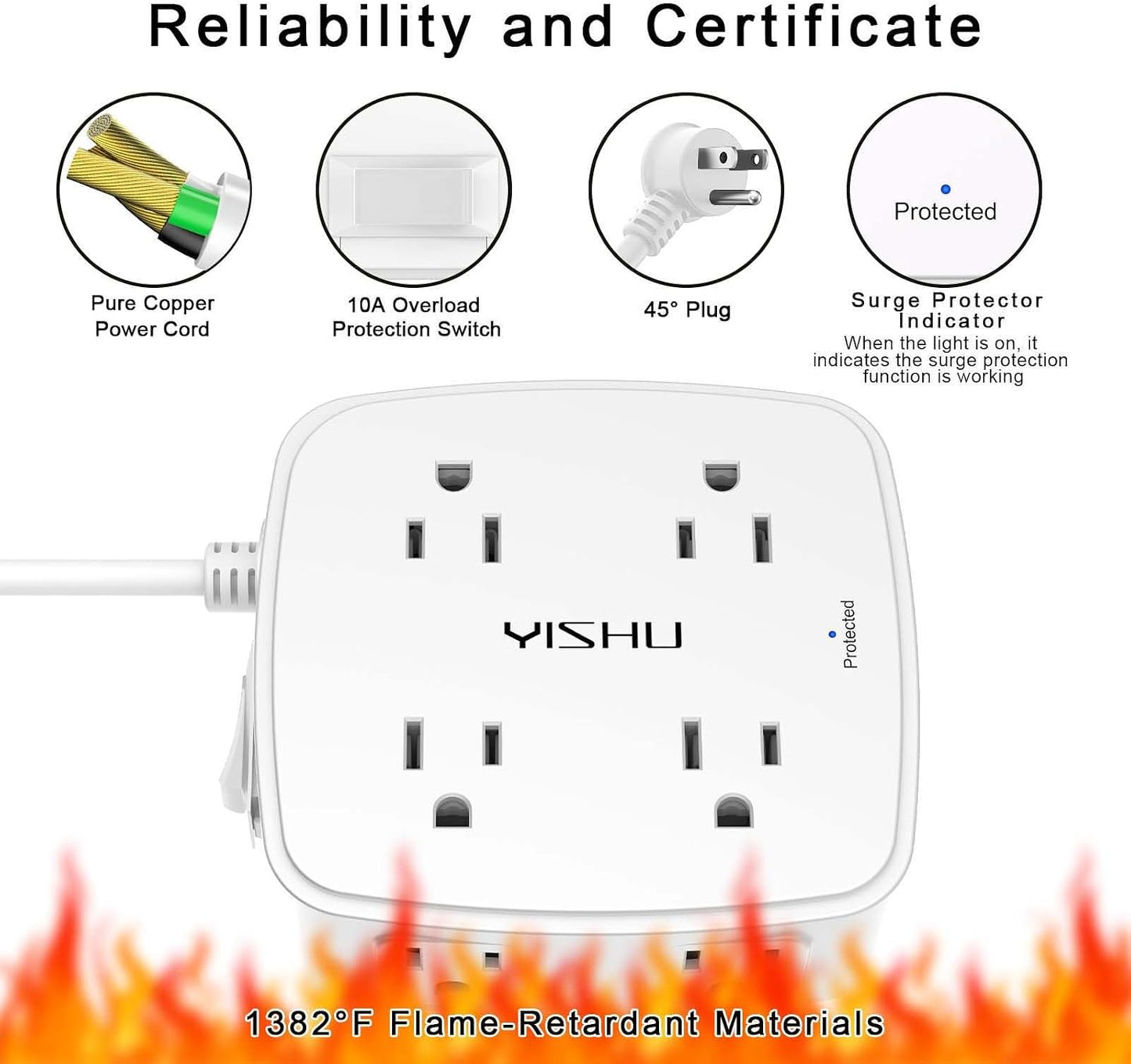 YISHU 6Ft Surge Protector Power Strip with 8 Outlets & 4 USB Ports