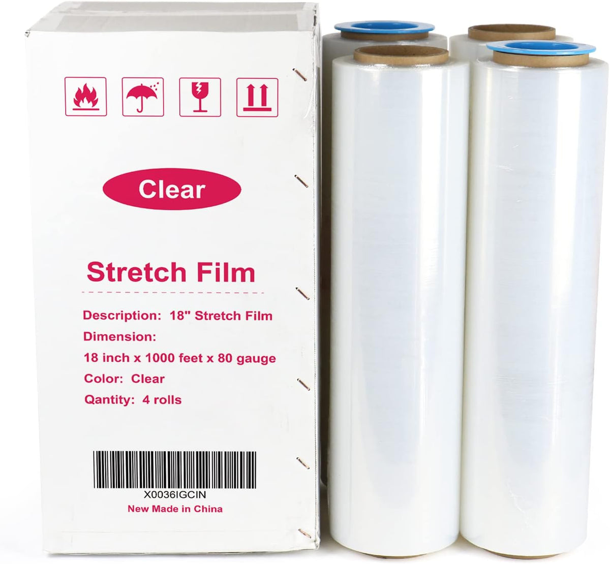 BOMEI PACK Clear Stretch Wrap Roll with Plastic Handle 18" x 1000 Feet 80 Gauge 4 Pack, Shrink Wrap Heavy Duty, Self-Adhering Plastic Wrap for Shipping, Moving