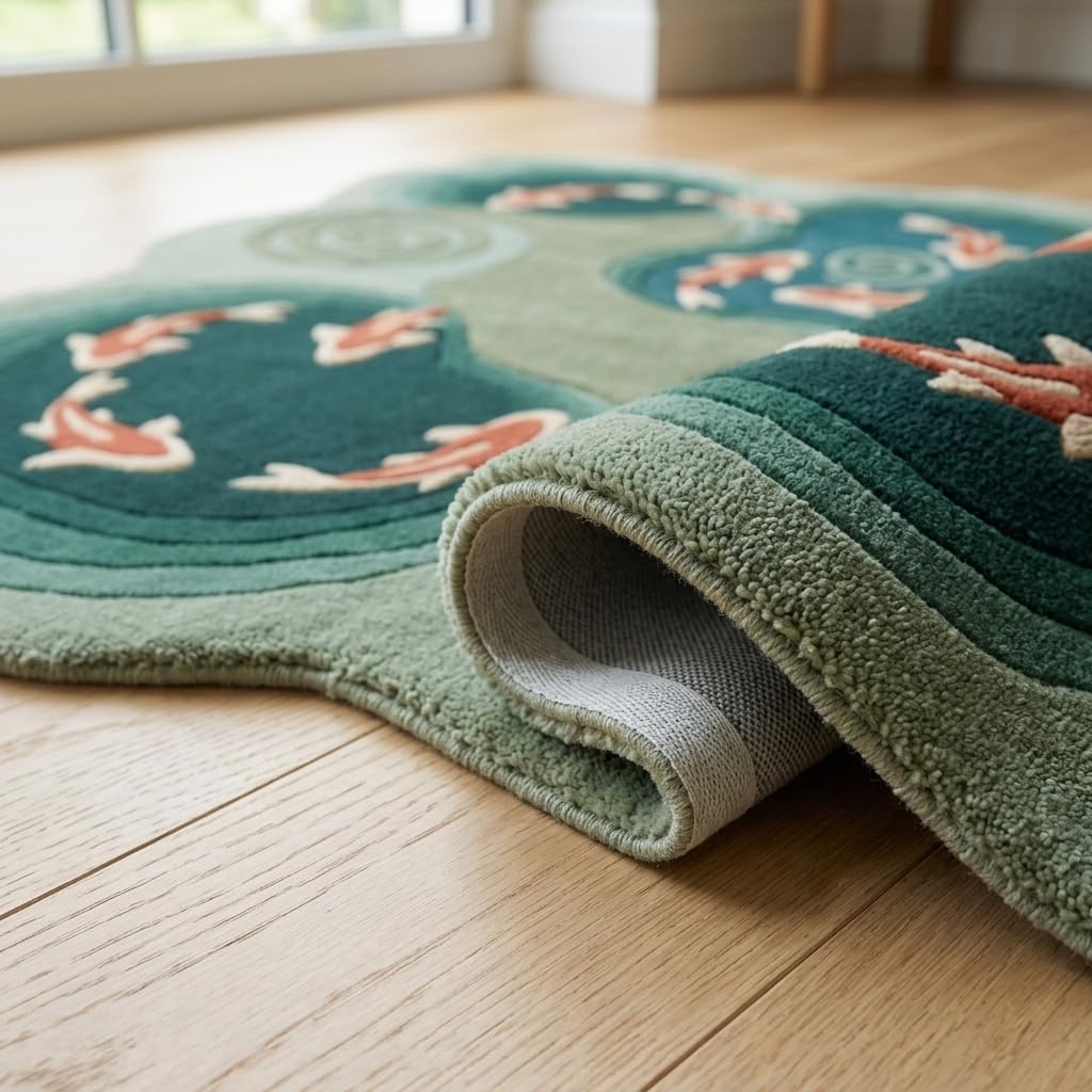 Koi Fish Pond Shaped Wool Rug, Hand-Tufted Green Zen Garden Area Rug with Koi & Water Spirals, Japanese Irregular Carpet for Living Room & Bedroom, Feng Shui Decor, 7x10 ft (213 x 304 cm)