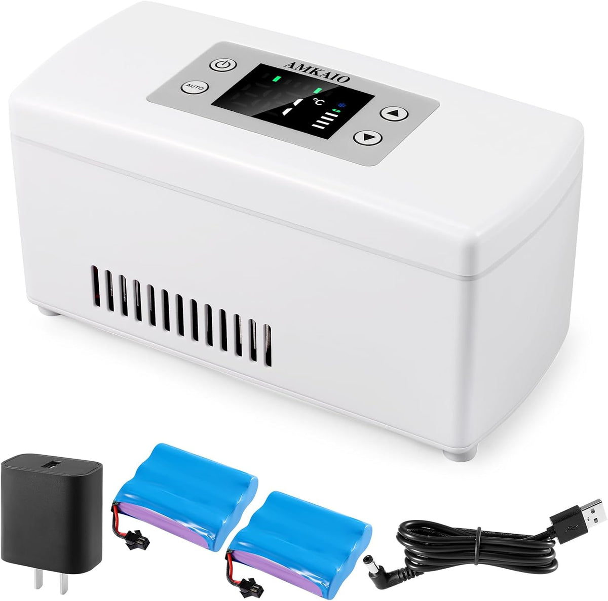 Portable Insulin Cooler Travel Case with Digital Thermostat, FAA-Compliant Stable 0-18°C, holds 3-6 pens, long battery, car/wall/USB, easy LCD.