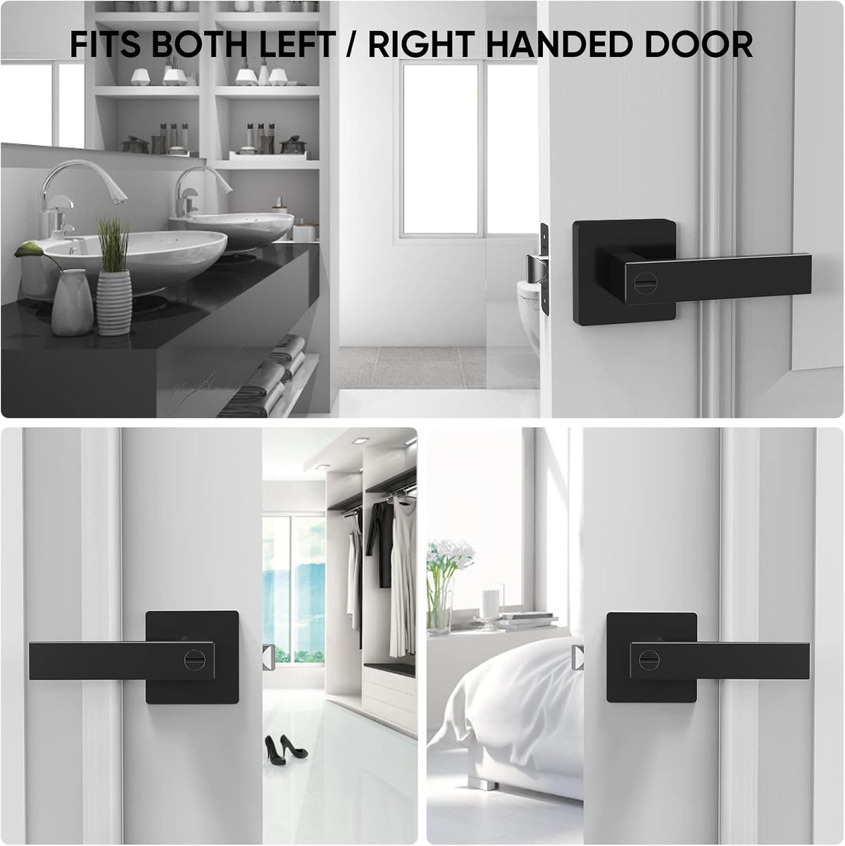 TICONN 5PK Matte Black Door Handles Interior, Reversible Square Door Levers Knob for Hallway, Bedroom, Bathroom (with Lock, 5PK Privacy)
